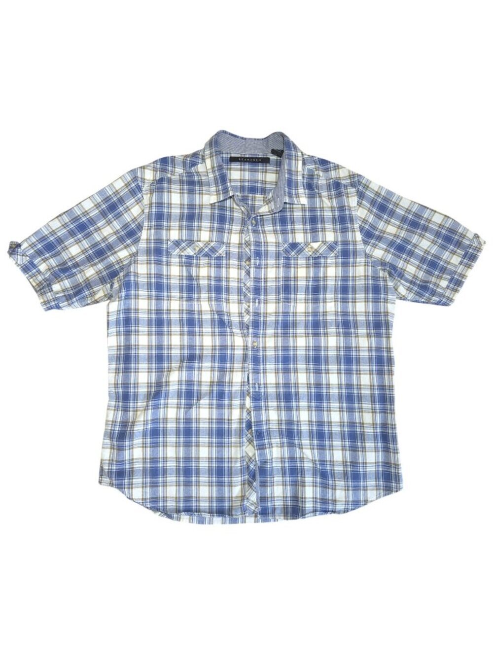 Sean John Mens Plaid Short Sleeve Shirt 3XL Blue Brown Cotton Casual Button Up.